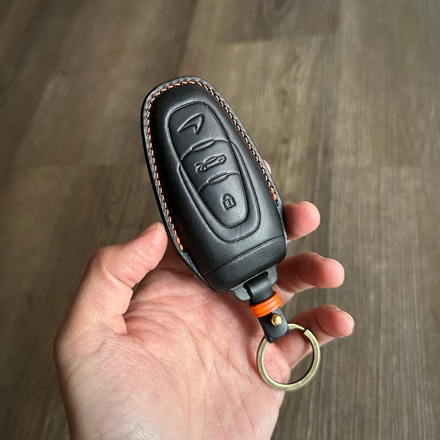 handmade Mclaren key fob cover in italian buttero leather