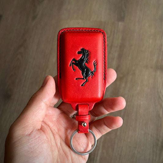 Handmade Red Buttero Leather Key Case for Ferrari Roma - back logo
