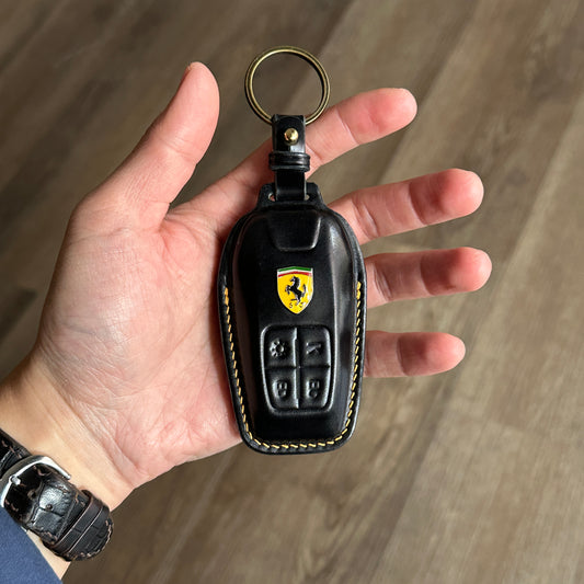black Shell Cordovan Key Fob Protector for Ferrari 488 - yellow Stitching