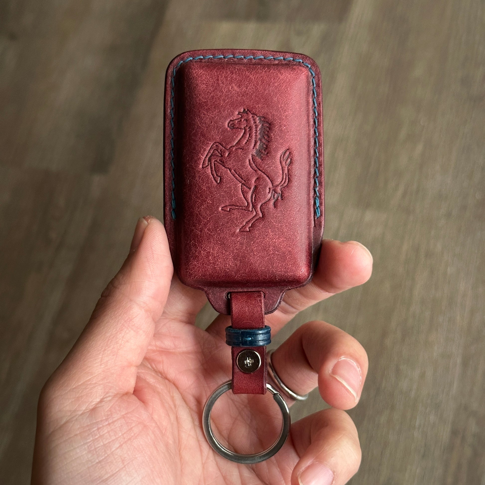 Handmade Pueblo Leather Key Fob Cover for Ferrari back logo		