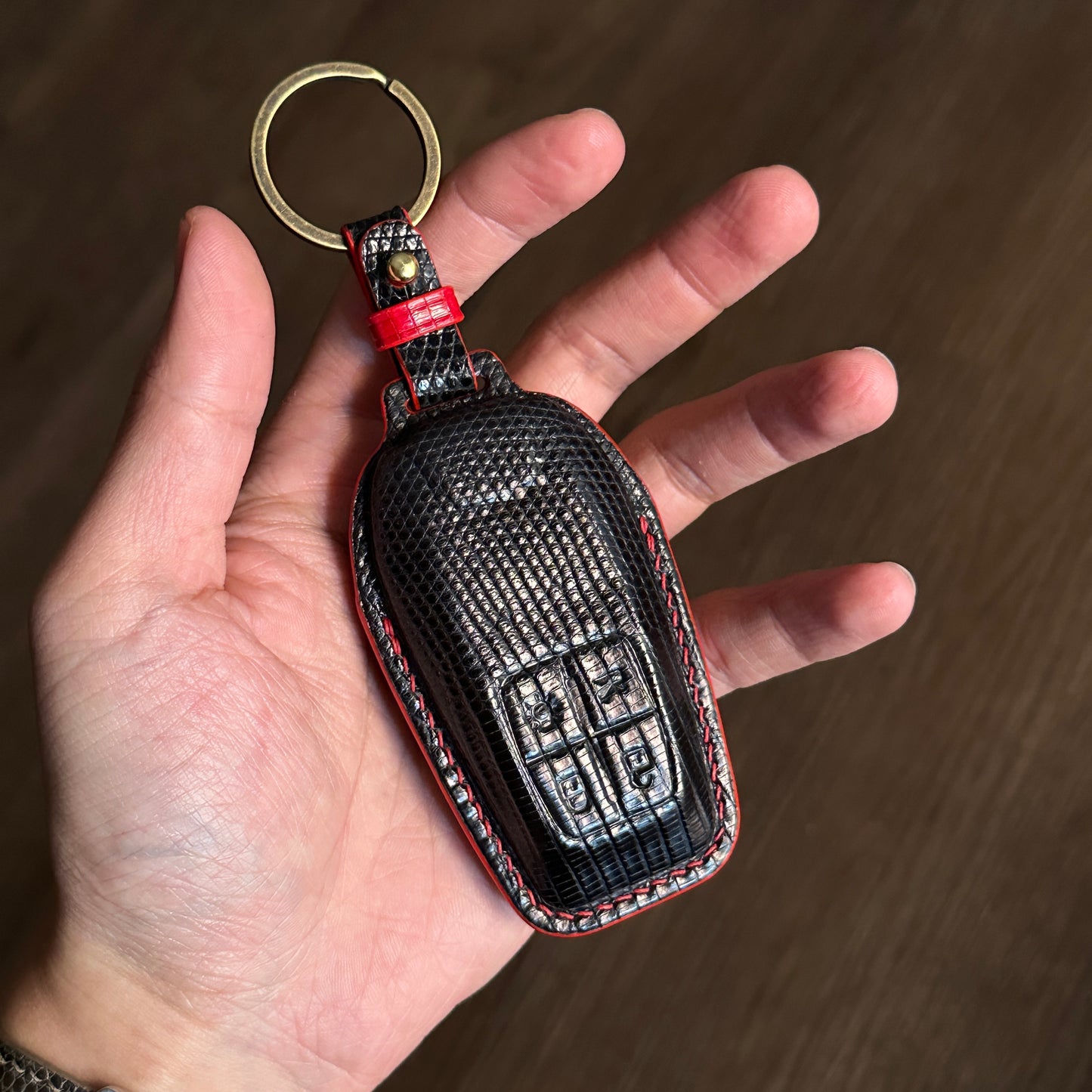 Handmade black lizard leather Key Fob Protector for Ferrari 