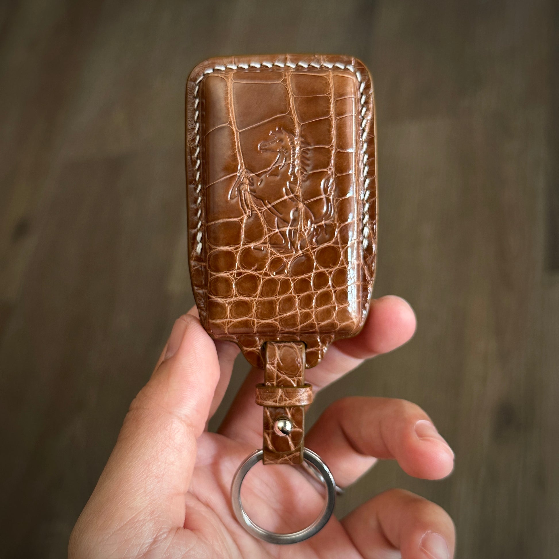 Handmade brown Crocodile Leather Key Fob Protector for Ferrari