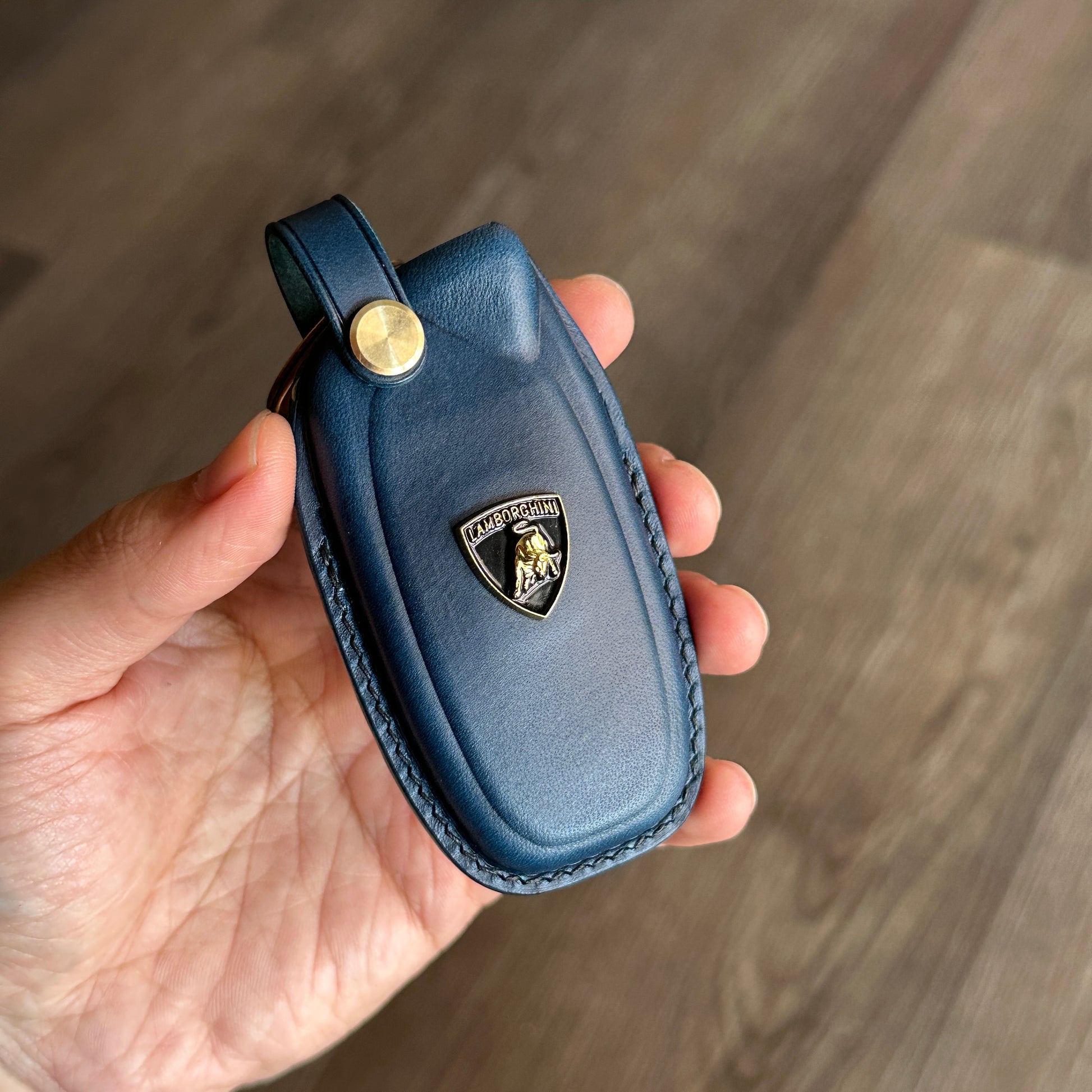 Handmade Blue Buttero Leather Key Case for Lamborghini