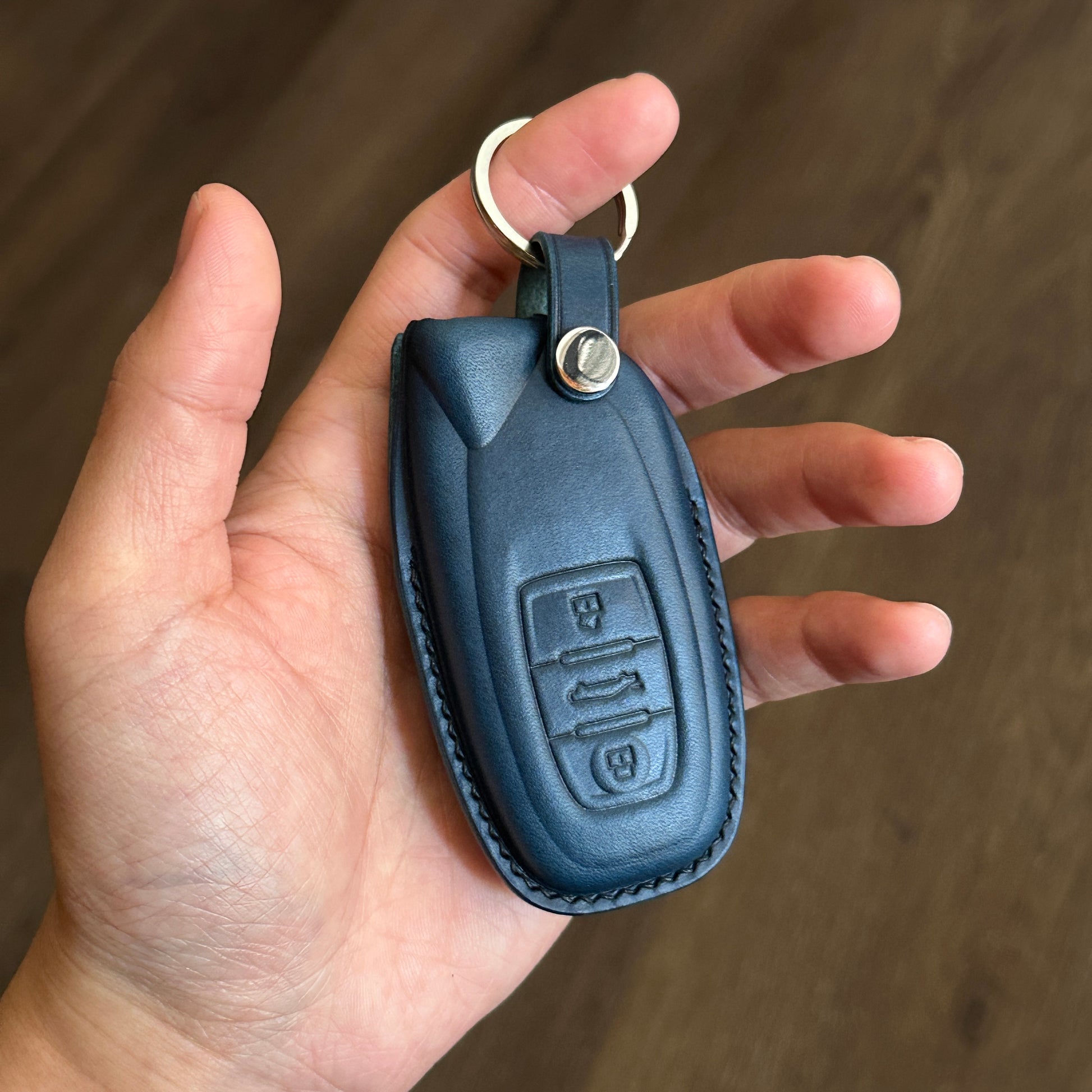 Handmade Blue Buttero Leather Key Case for Lamborghini - Front View