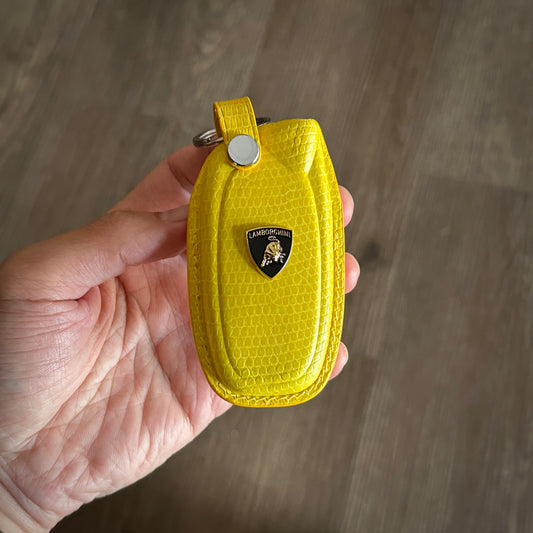 Luxury Yellow Lizard Skin Key Fob Cover for Lamborghini Huracan - metal logo on back