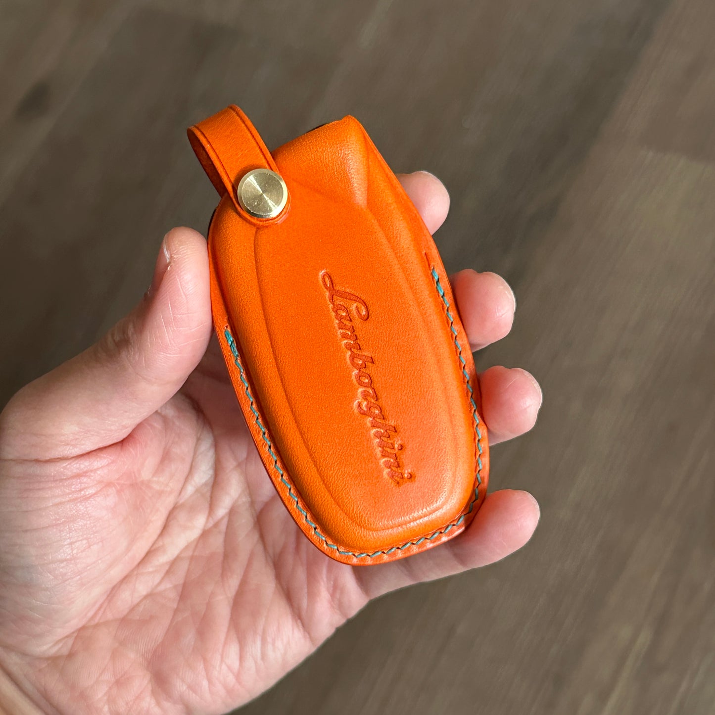 Handmade Orange Leather Key Case for Lamborghini - Back View