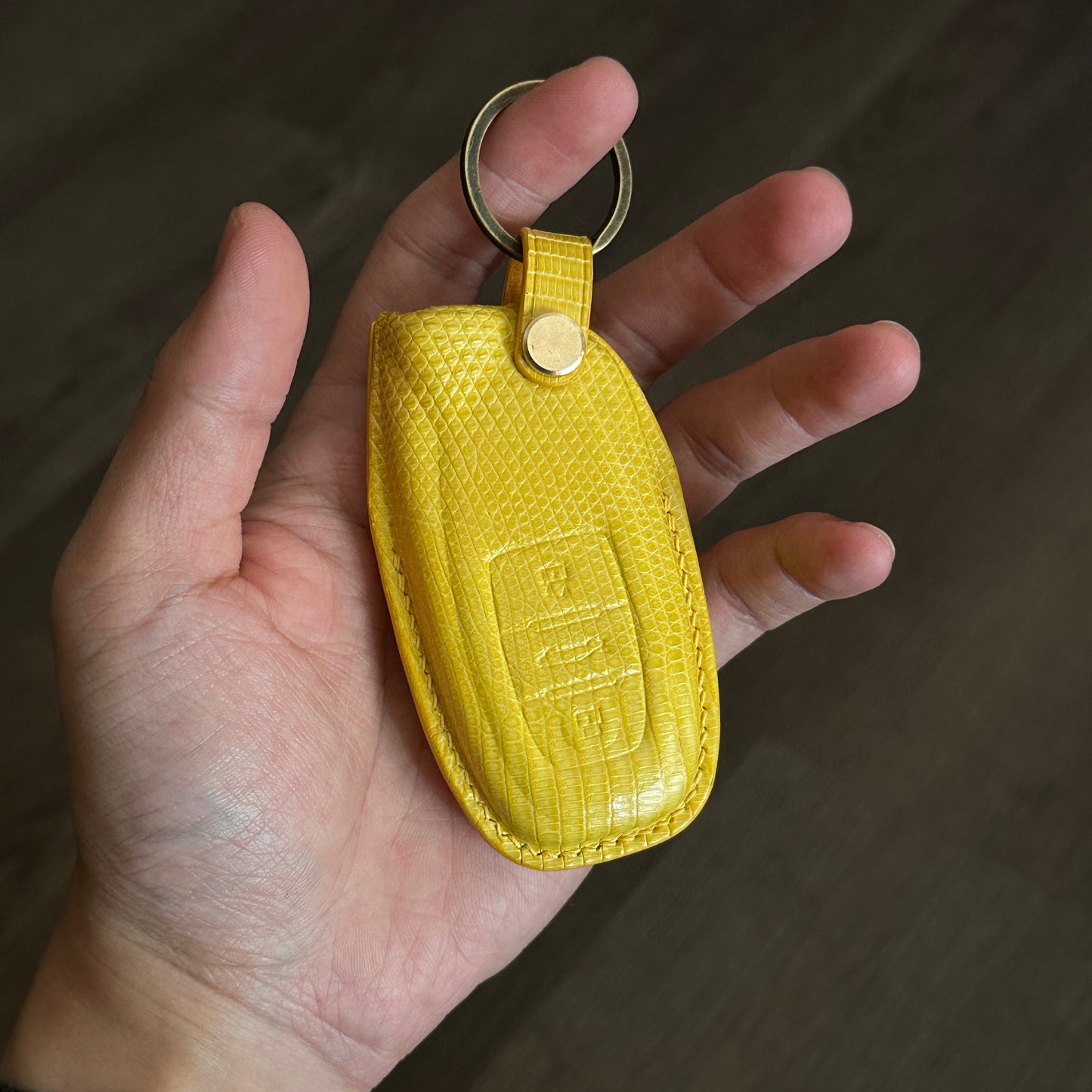 Exotic yellow Lizard Leather Key Fob Cover for Lamborghini Huracan