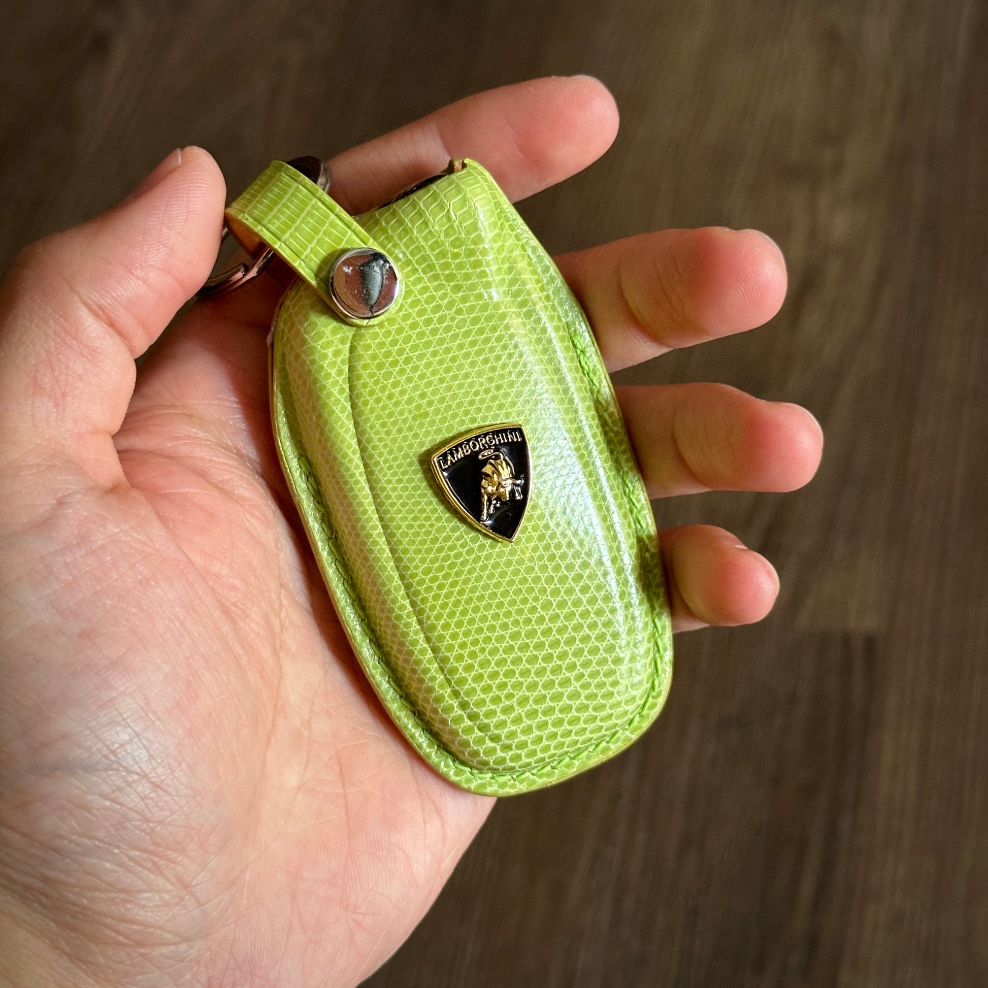 Lime green Lizard Leather Key Case for Lamborghini Embedded Metal Logo