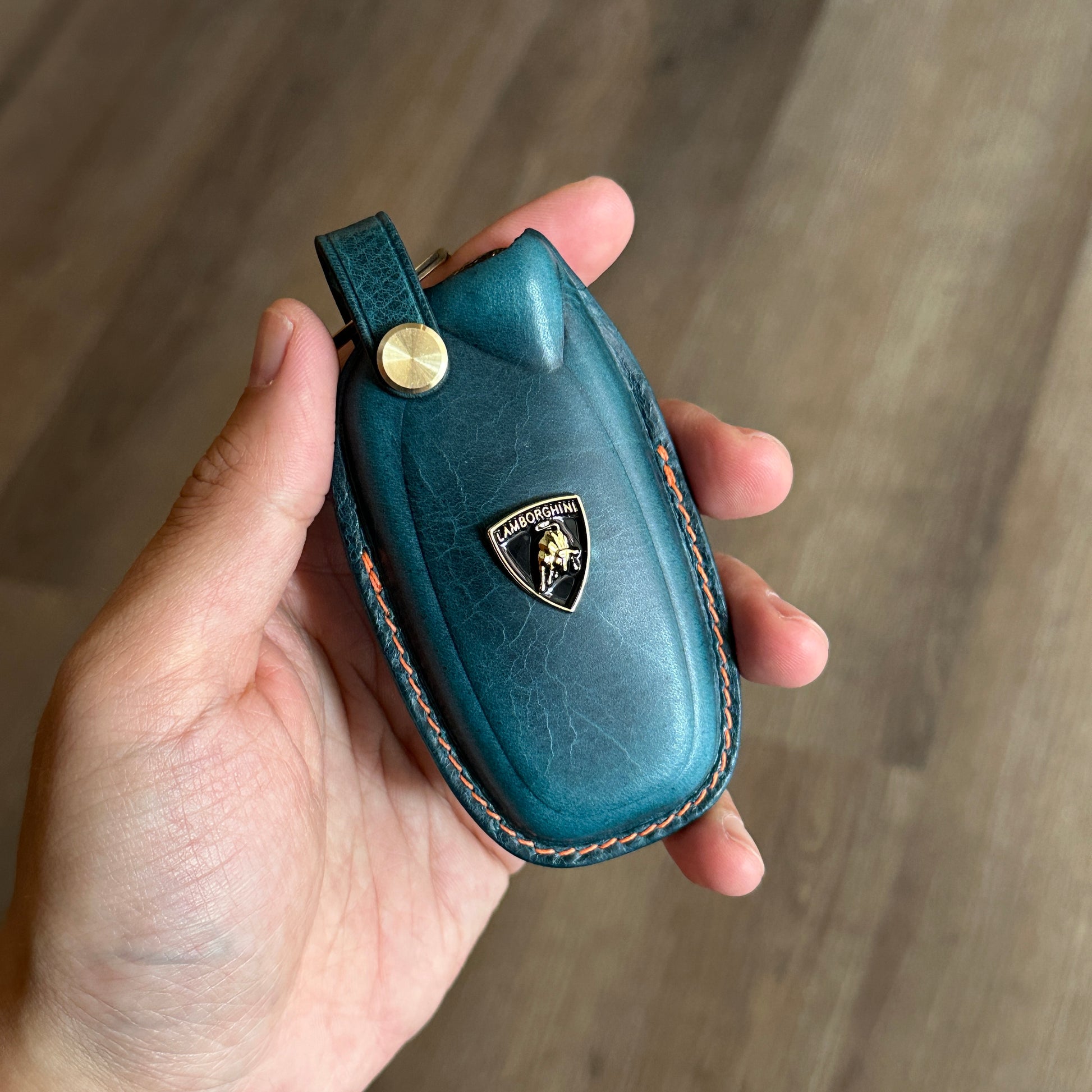 Handmade blue Wax Leather Key Fob Protector for Lamborghini Revuelto