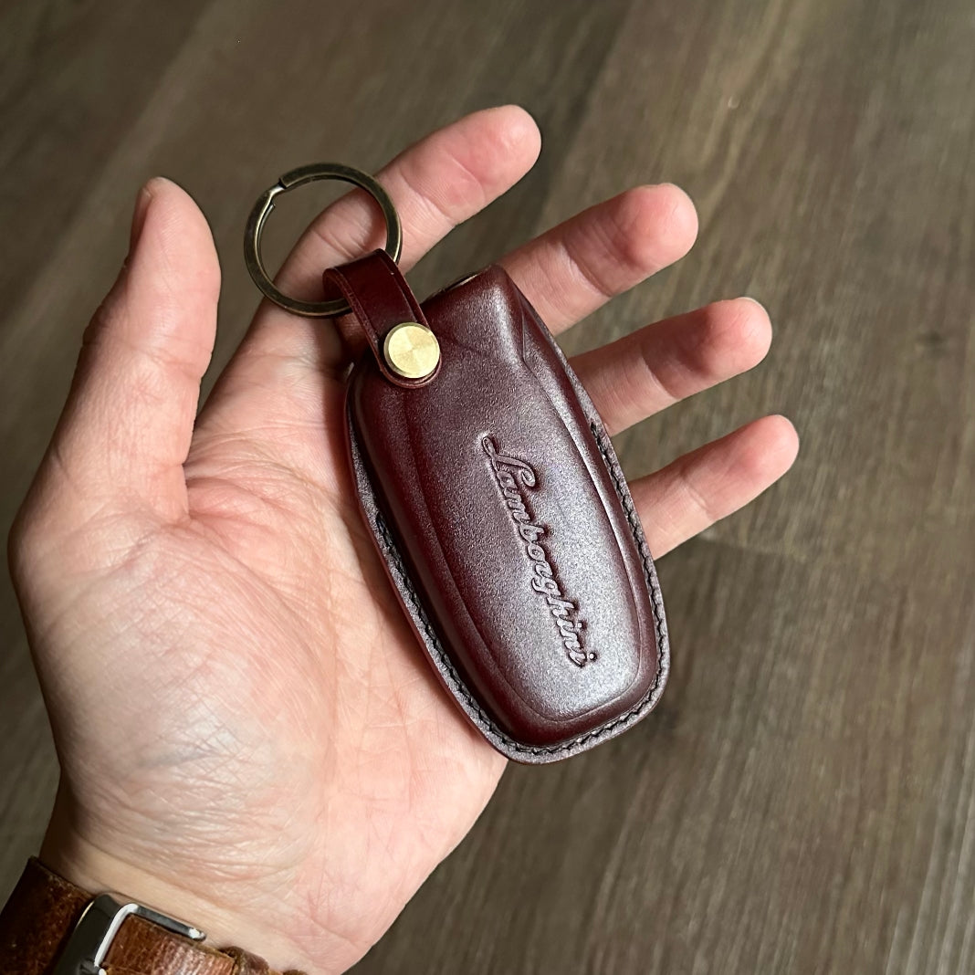Handmade burgundy Shell Cordovan Key Fob Cover for Lamborghini Huracan