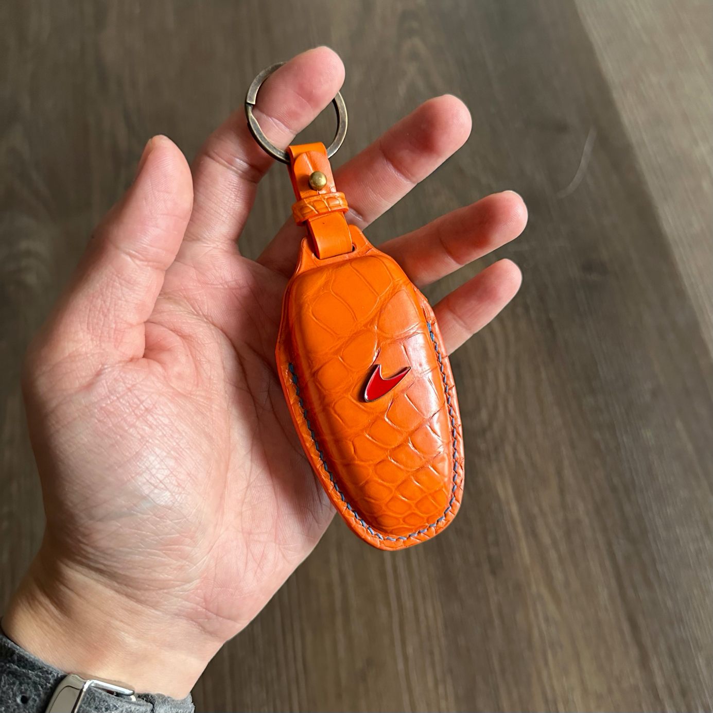 Luxury Crocodile Leather Key Cover for McLaren 765lt - Back View red metal logo