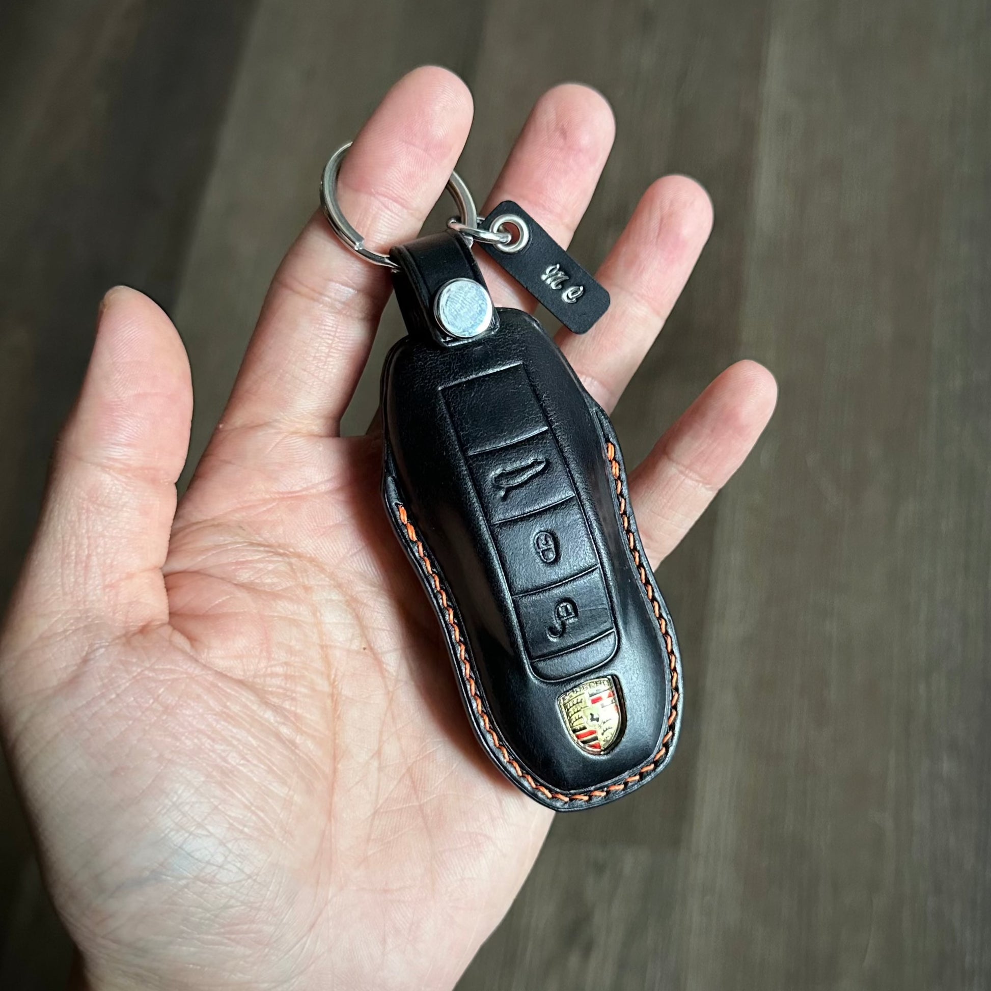 Handmade Black Buttero Leather Key Case for Porsche 718 911