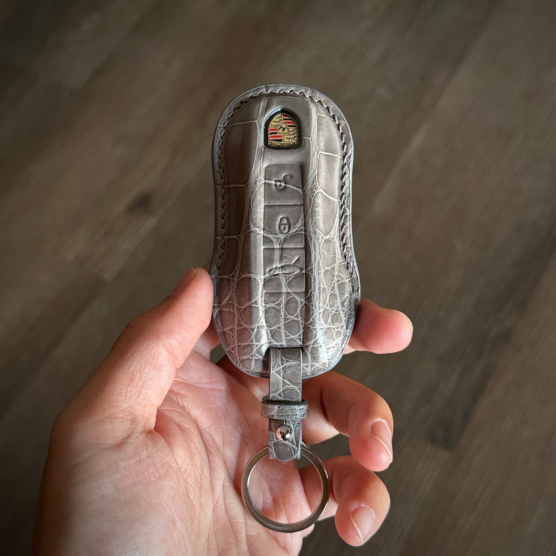 Handmade Grey Crocodile Leather Key Cover for Porsche 718
