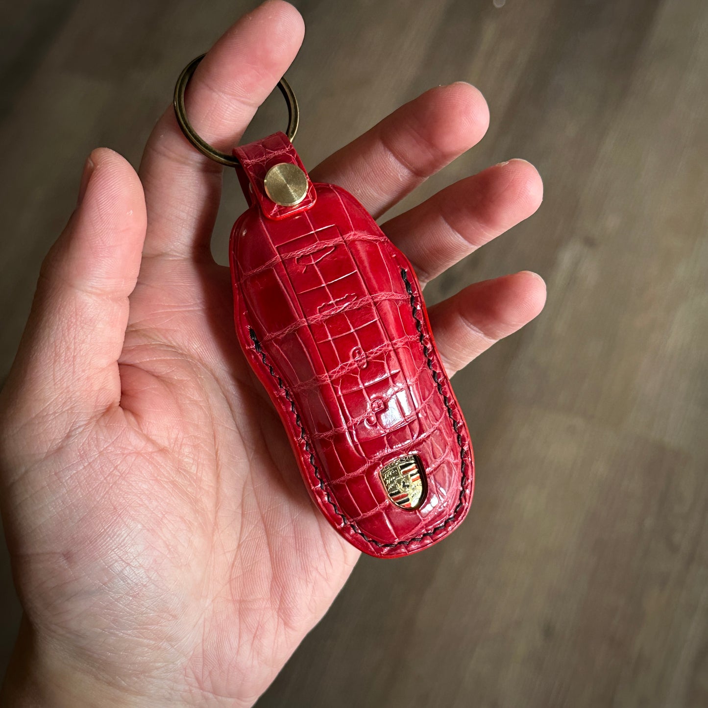 Exotic Red Crocodile Leather Key Case for Porsche 911 - Front View
