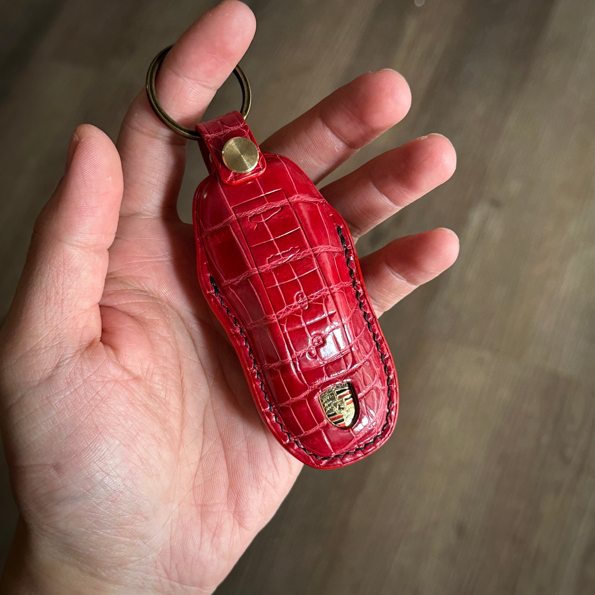 Exotic Red Crocodile Leather Key Case for Porsche 911 - Front View