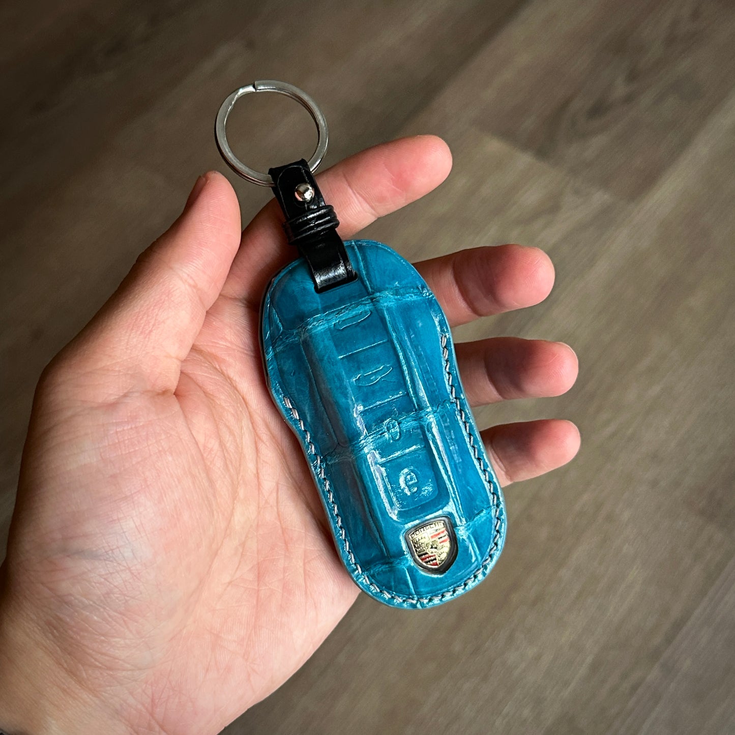 Handmade blue Crocodile Leather Key Cover for Porsche