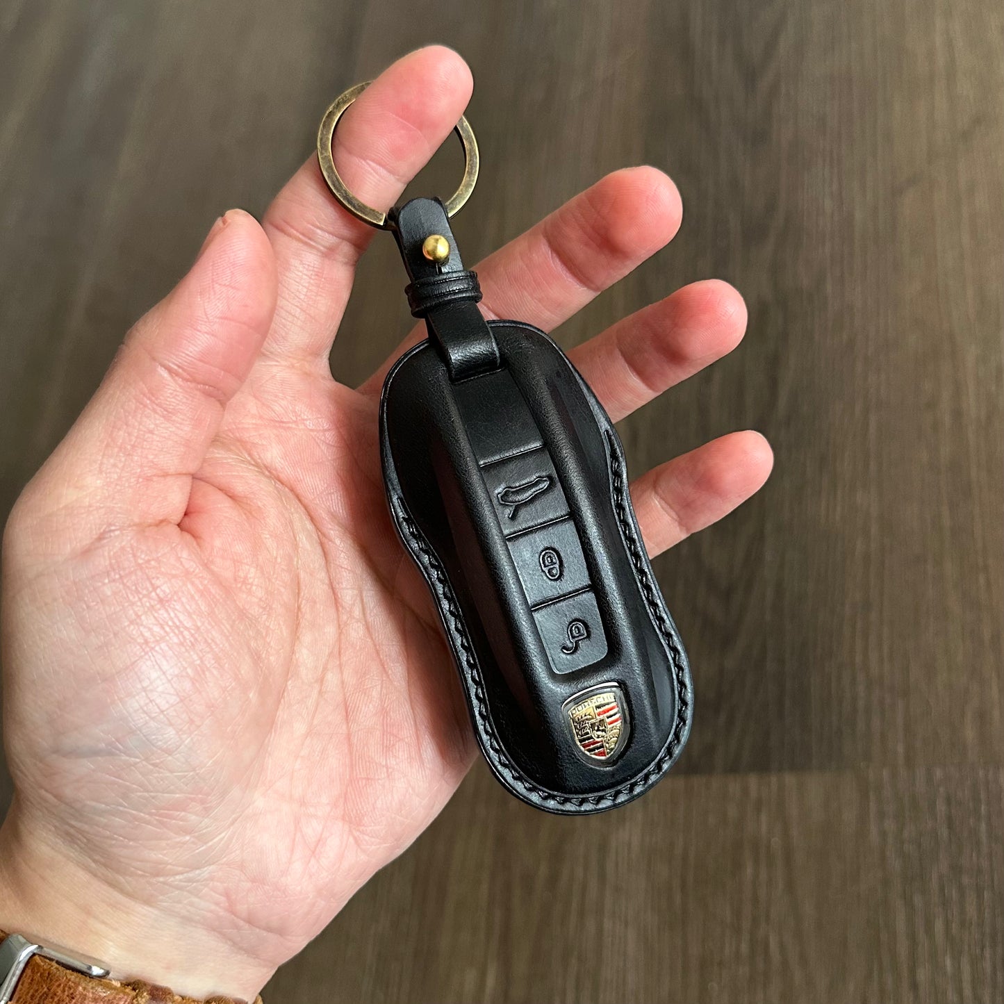 Luxury Black Buttero Leather Key Case for Porsche Cayenne