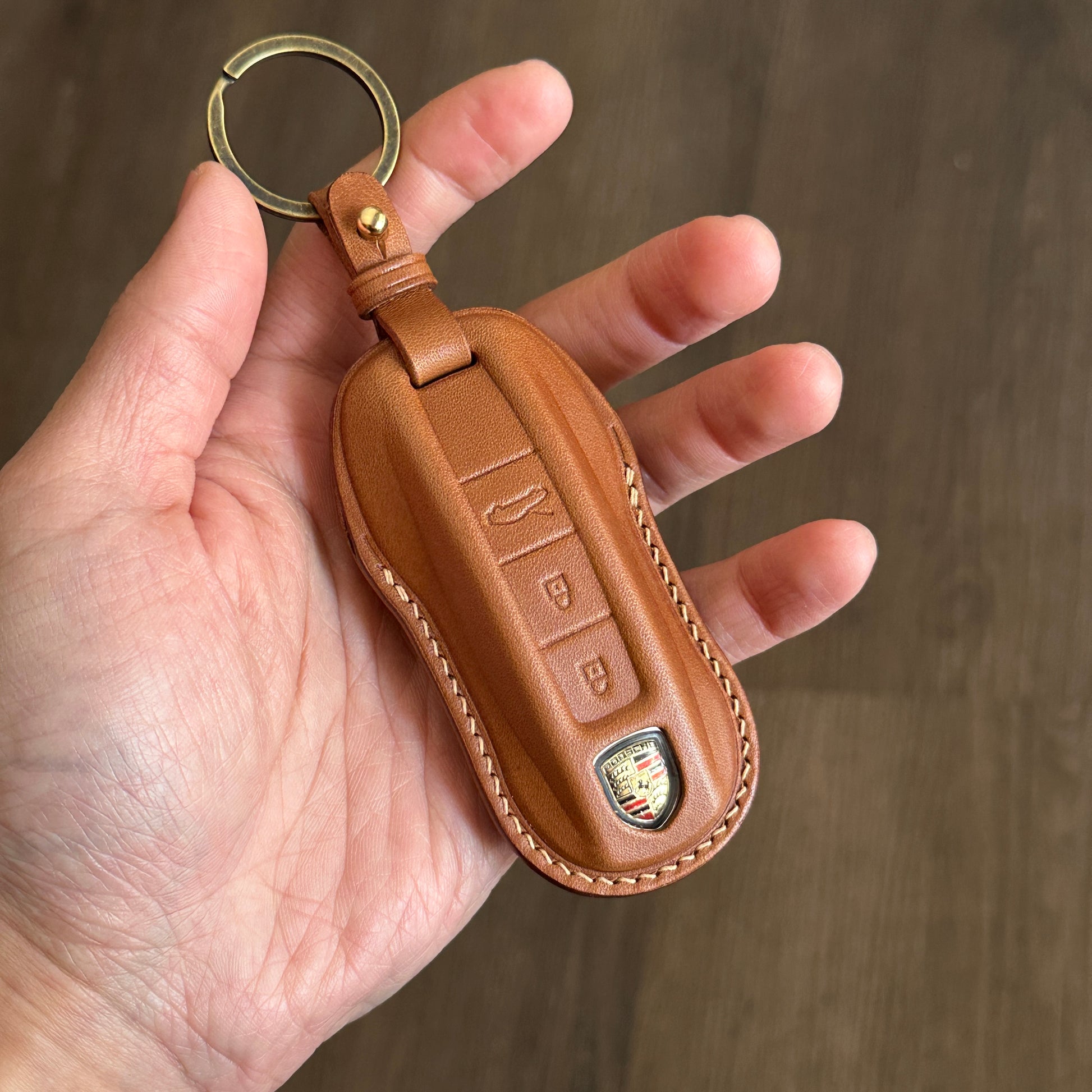 Handmade Brown Buttero Leather Key Case for Porsche Cayenne with Keychain