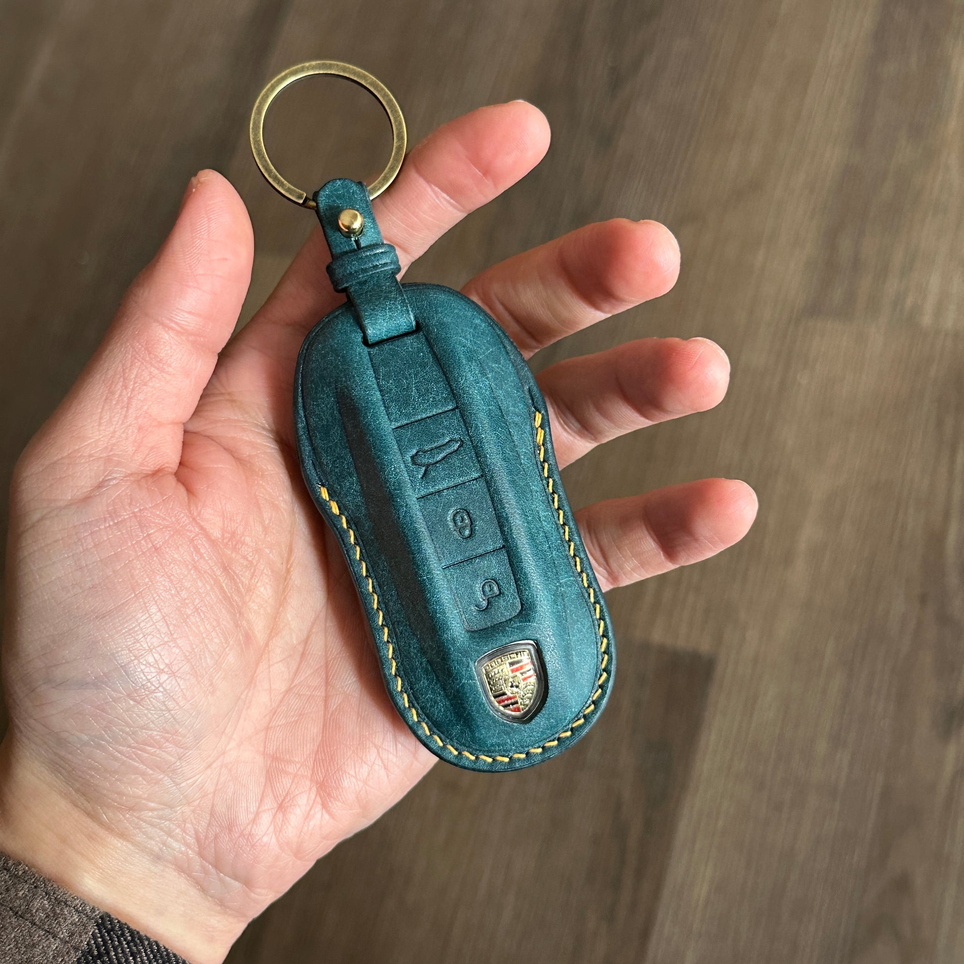 Artisan Blue Pueblo Leather Key Fob Cover for Porsche Cayenne