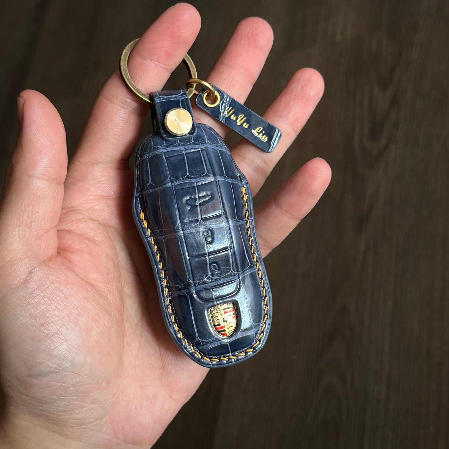 Exotic Blue Crocodile Leather Key Fob Cover for Porsche