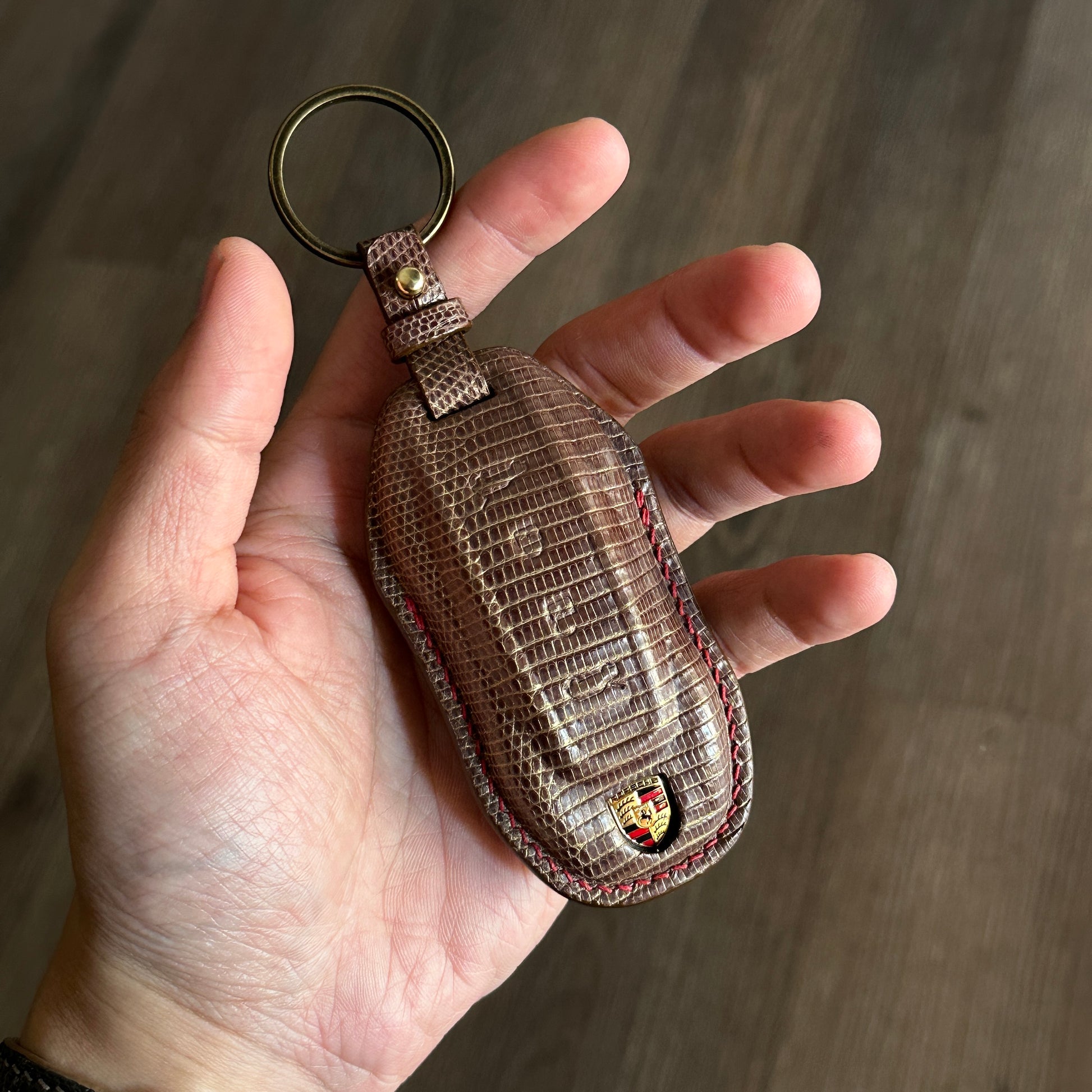 Luxury Brown/Gold Lizard Leather Key Fob Cover for Porsche Macan EV