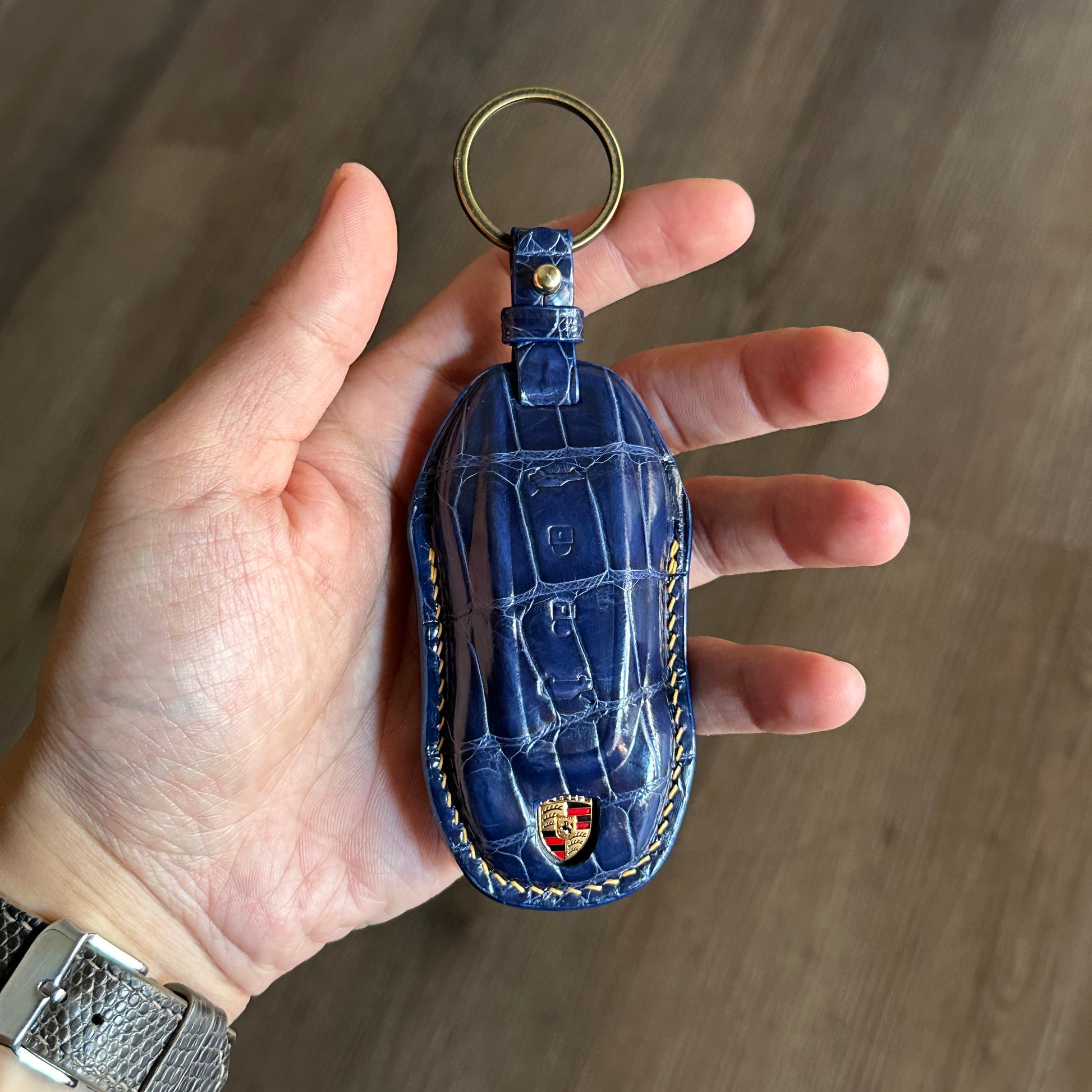 Exotic Blue Crocodile Leather Key Cover for Porsche Macan EV