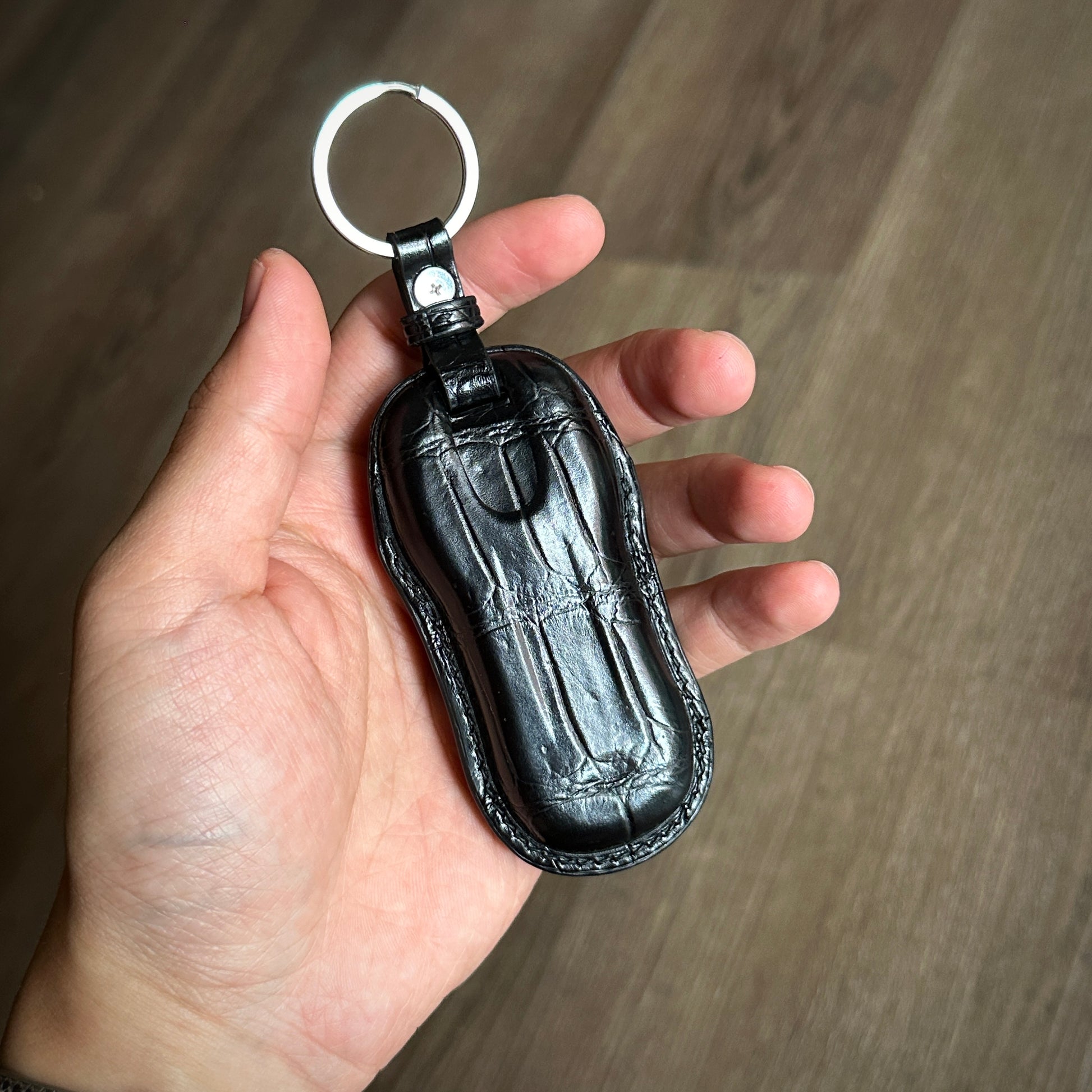 Artisan Black Crocodile Leather Key Fob Case for Porsche Macan