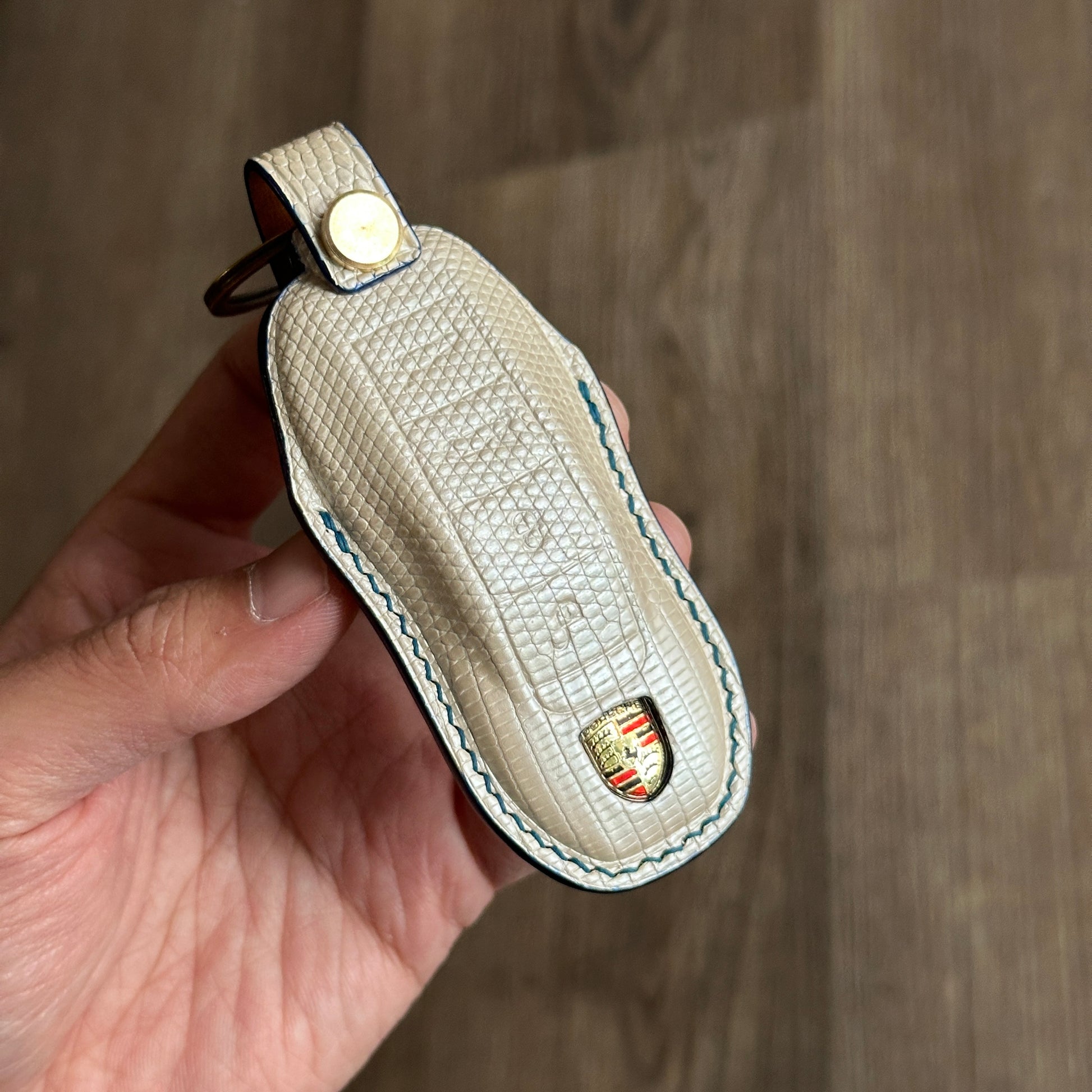 Pearl White Lizard Leather Key Fob Case for Porsche