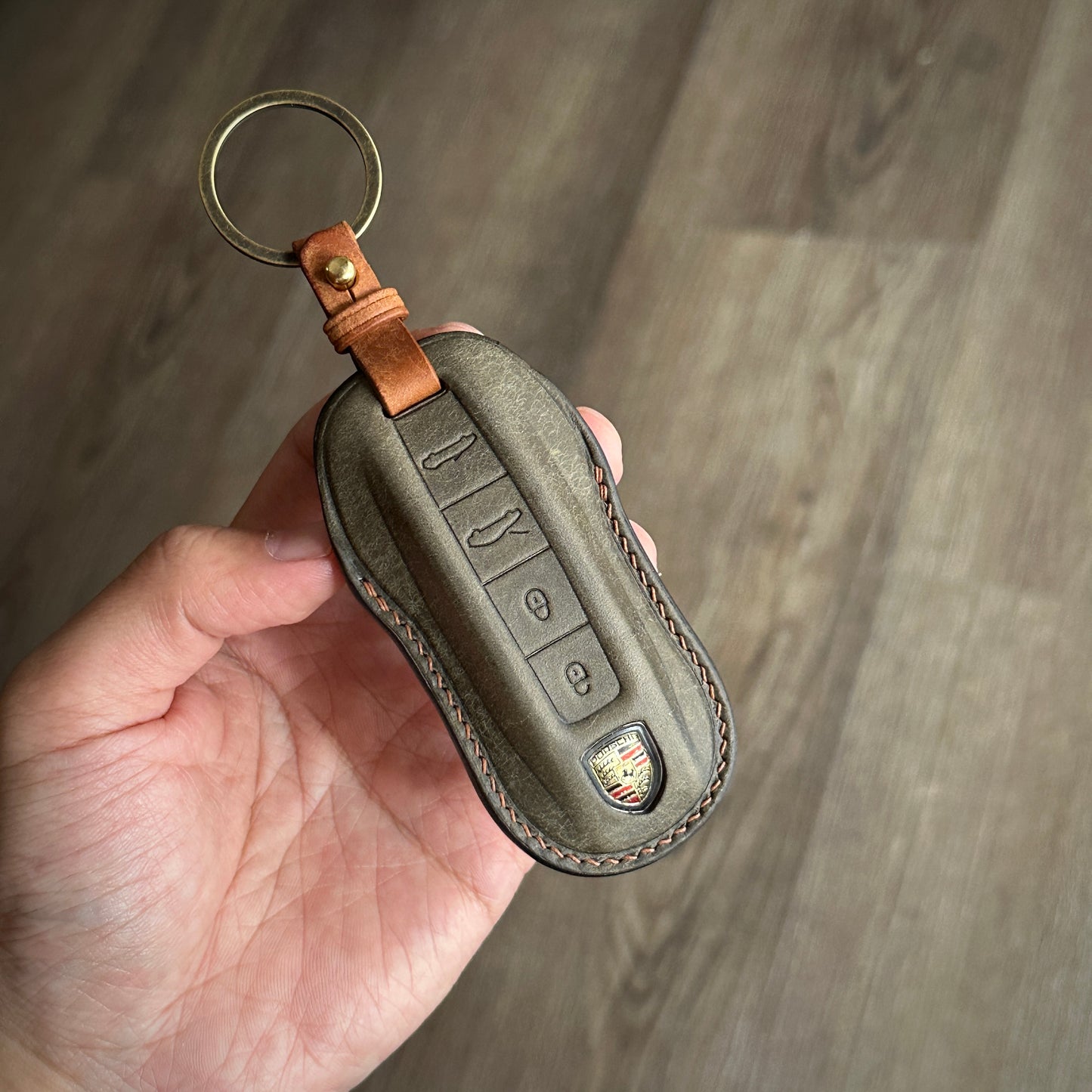 Handmade Brown and grey Leather Key Case for Porsche Macan