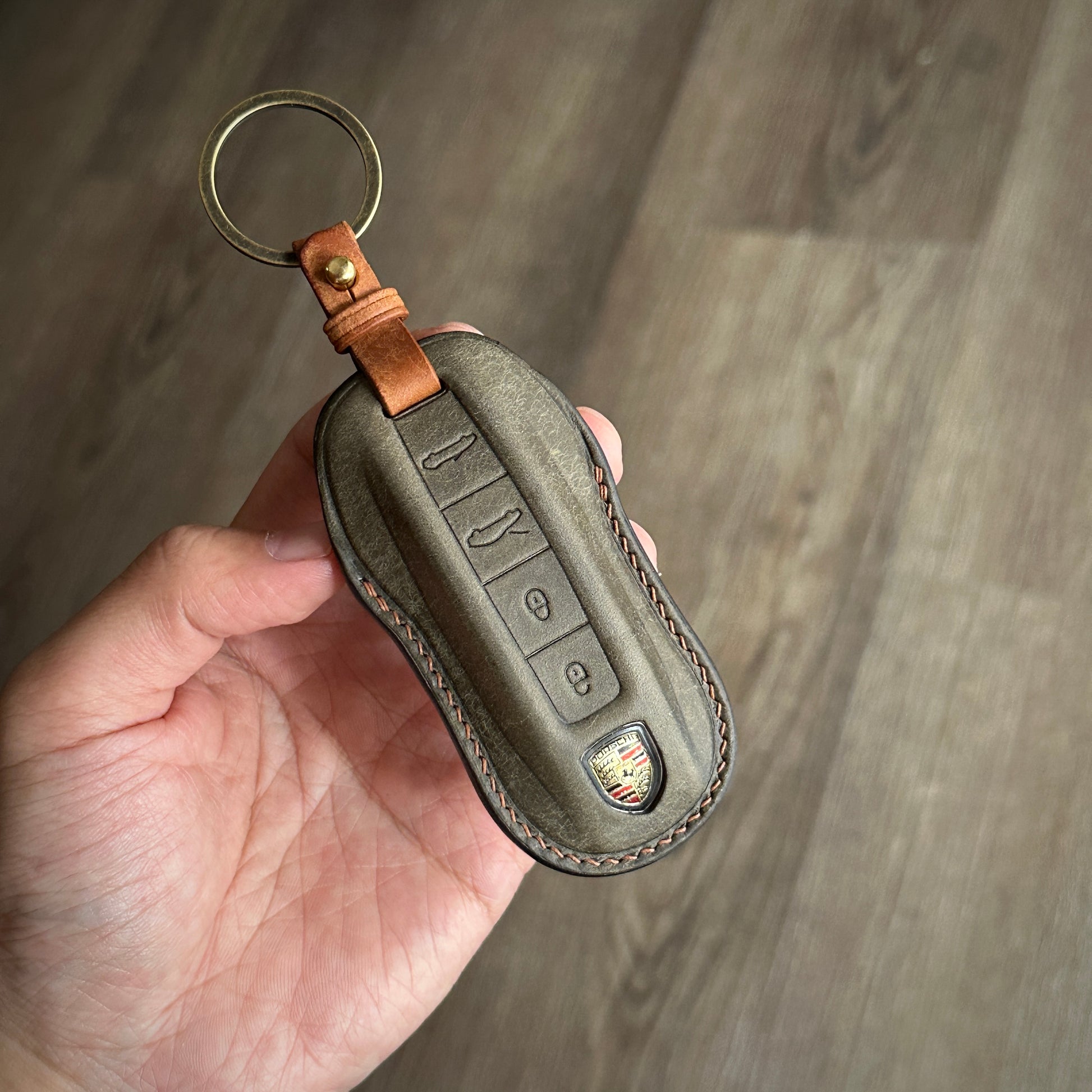 Handmade Brown and grey Leather Key Case for Porsche Macan