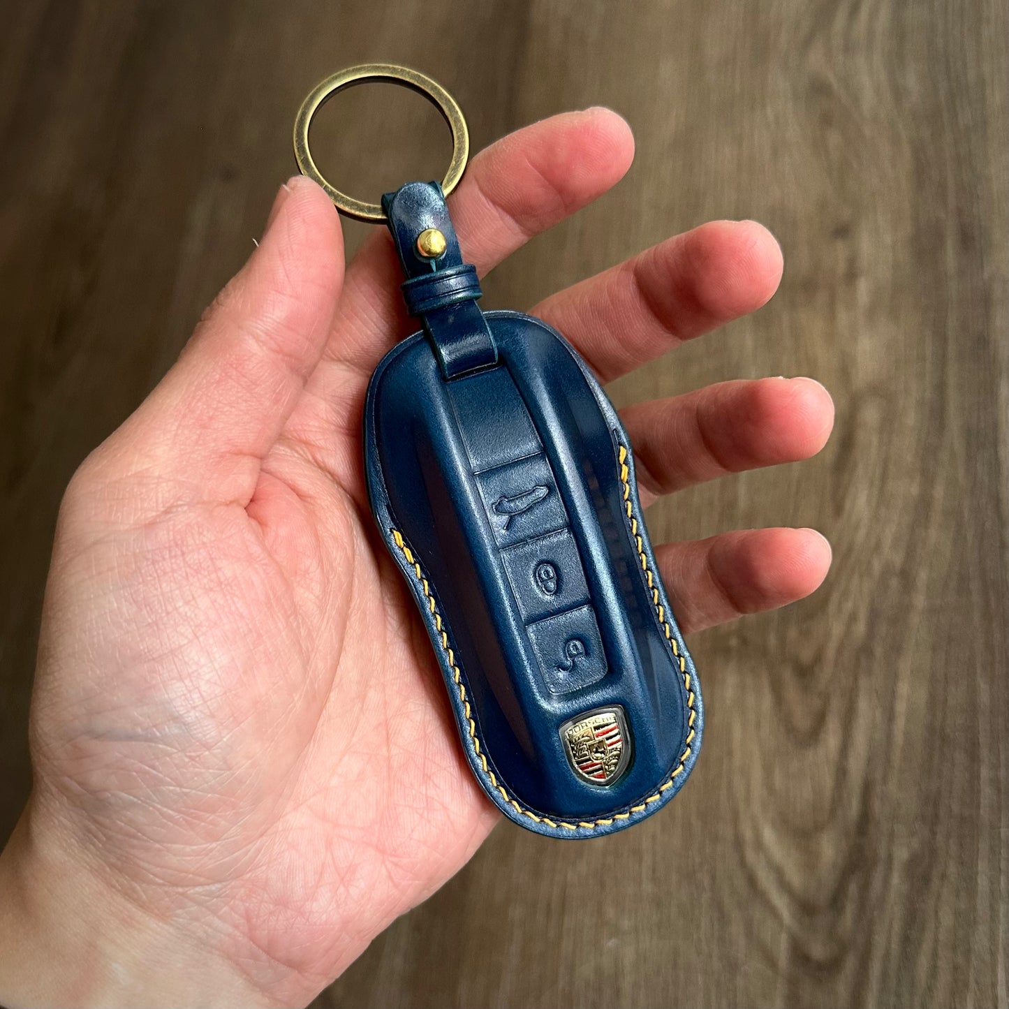 Handmade Blue Shell Cordovan Key Fob Cover for Porsche panamera