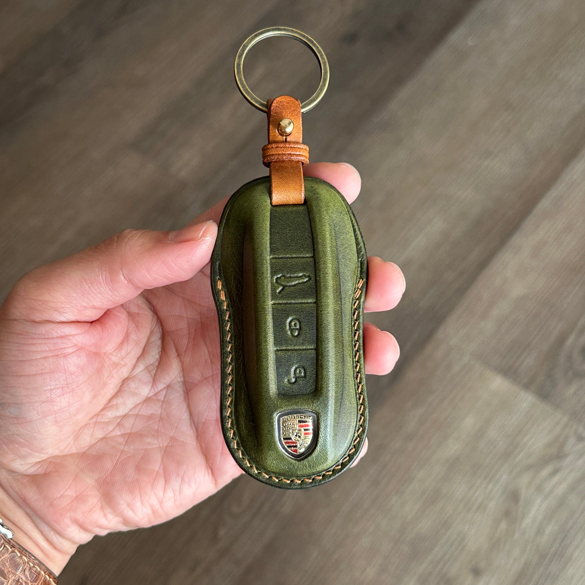 Handmade green Wax Leather Key Fob Protector for Porsche panamera