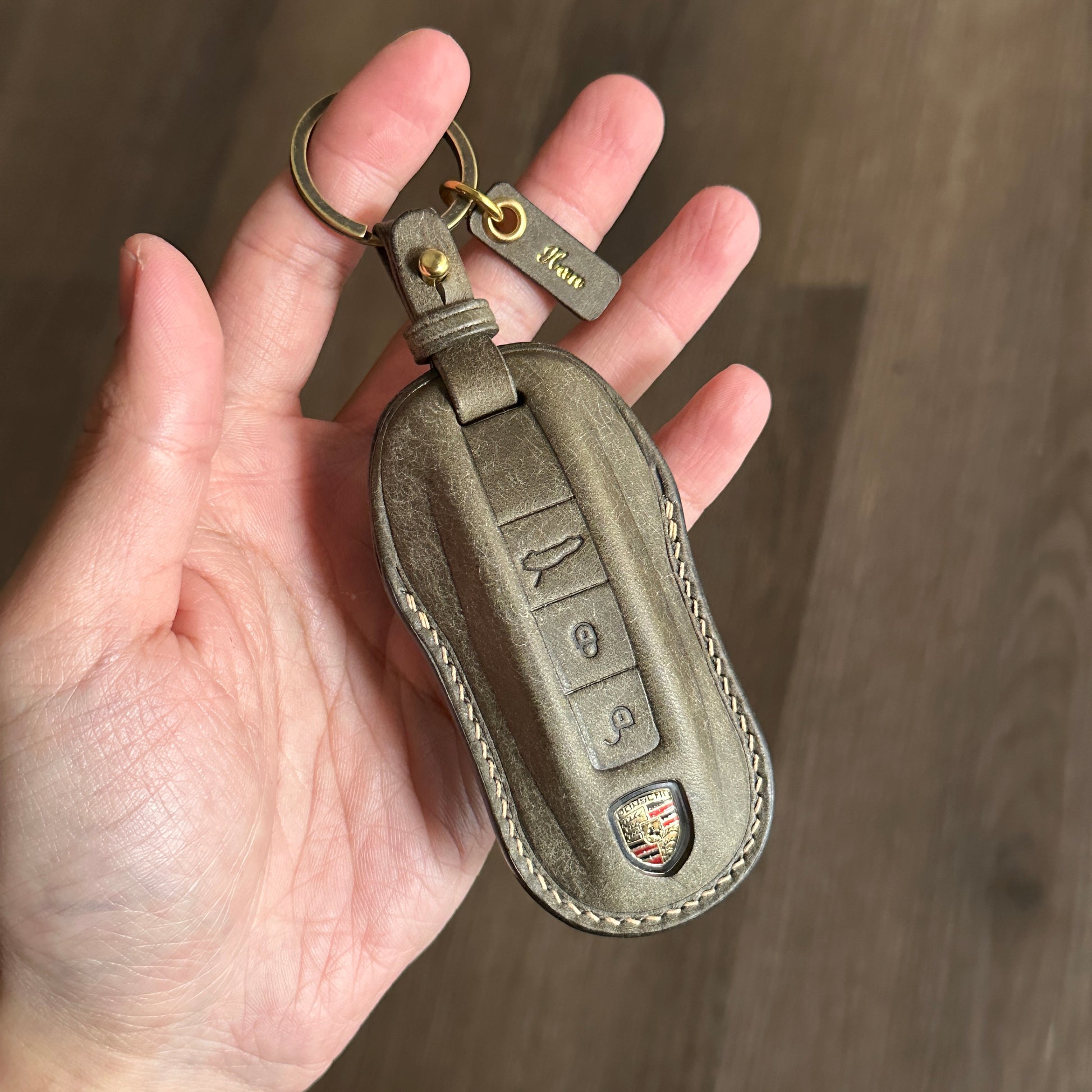Grey Pueblo Leather Key Fob Cover for Porsche Taycan