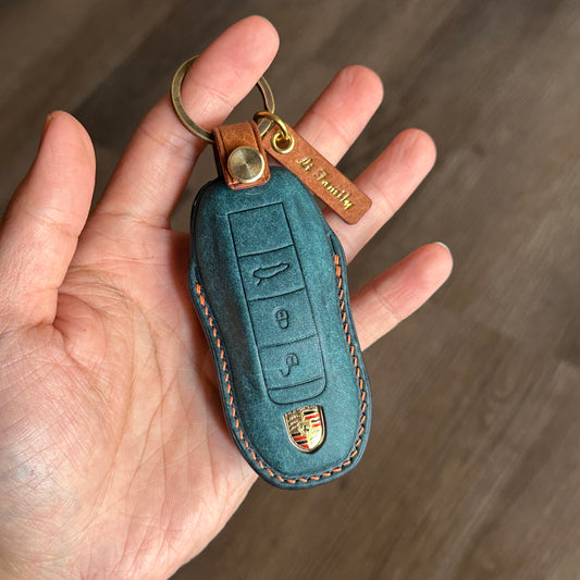 blue Pueblo Leather Key Fob Cover for Porsche