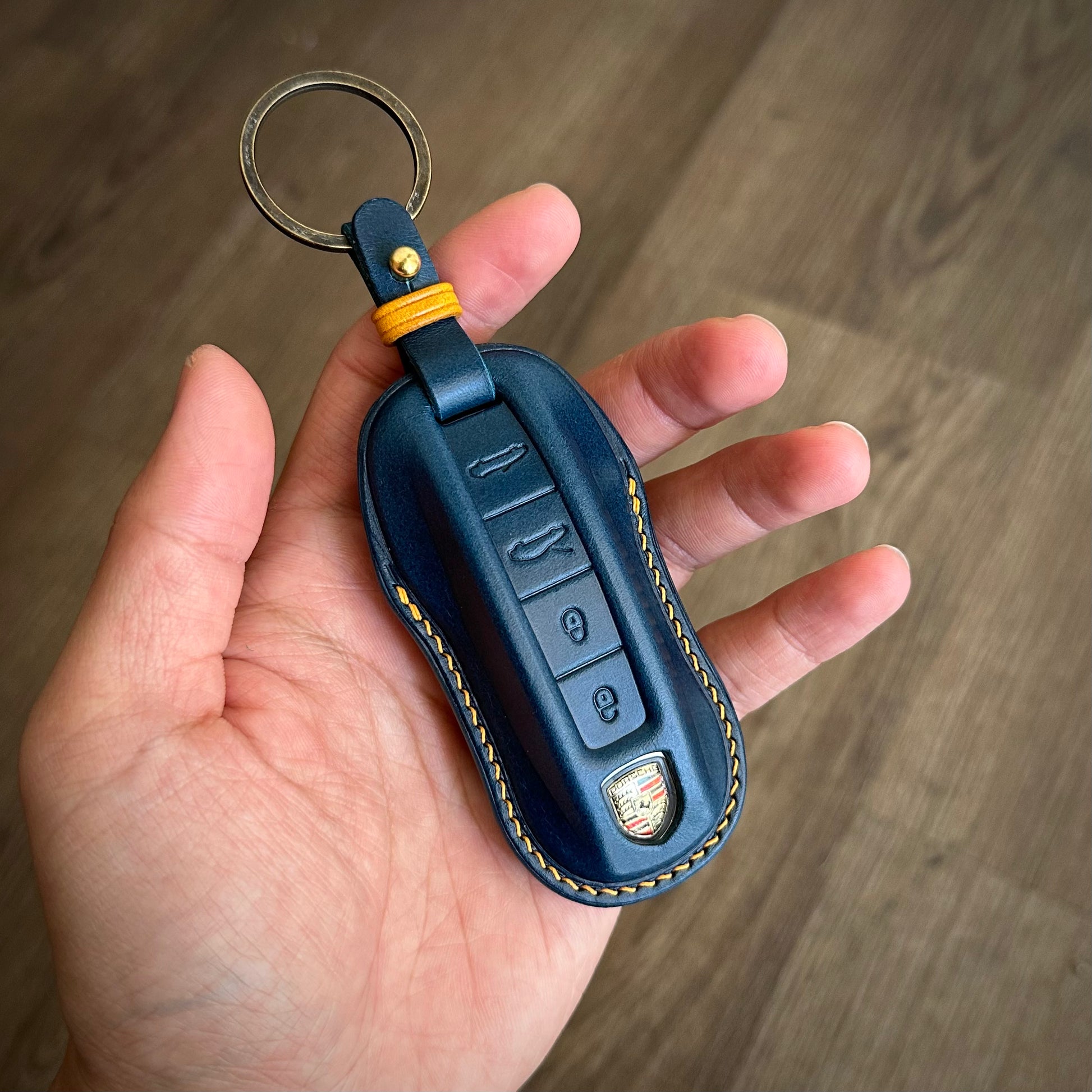 Handmade Blue Buttero Leather Key Case for Porsche Taycan 