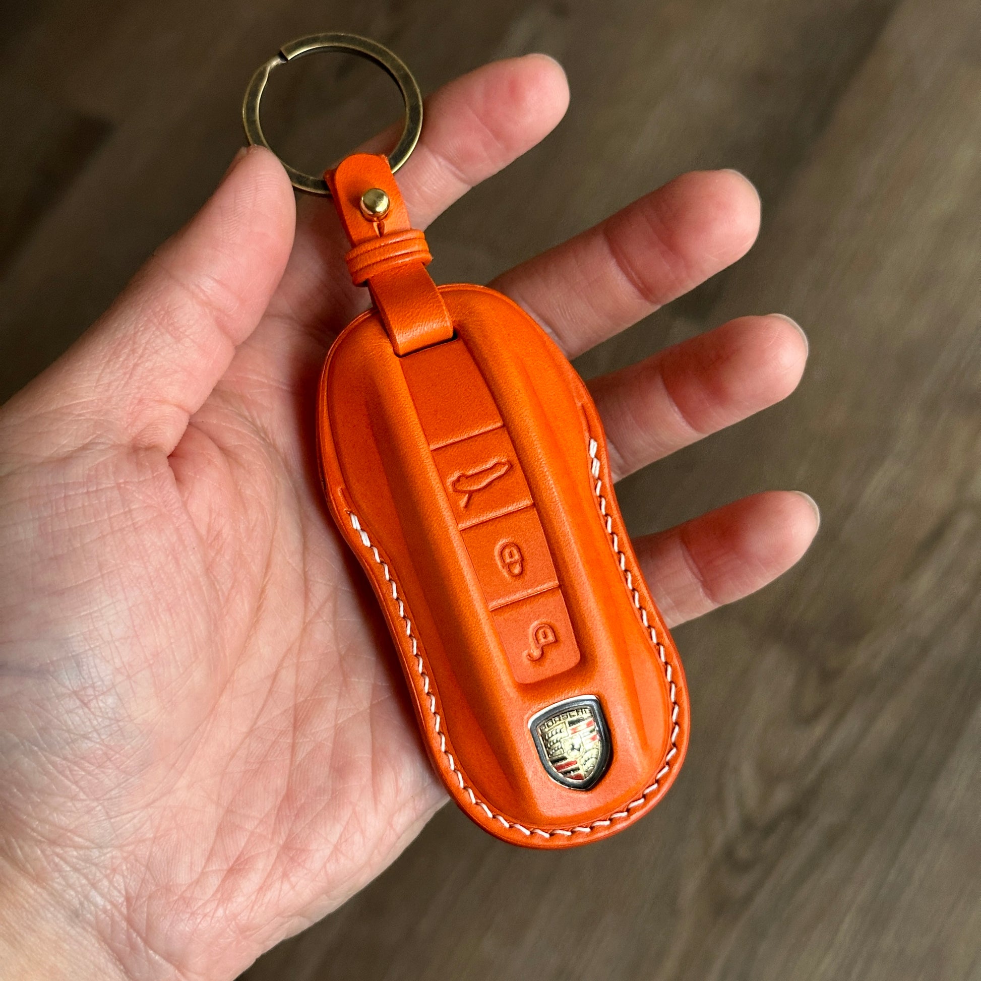 Handmade Orange Buttero Leather Key Case for Porsche Taycan with Keychain