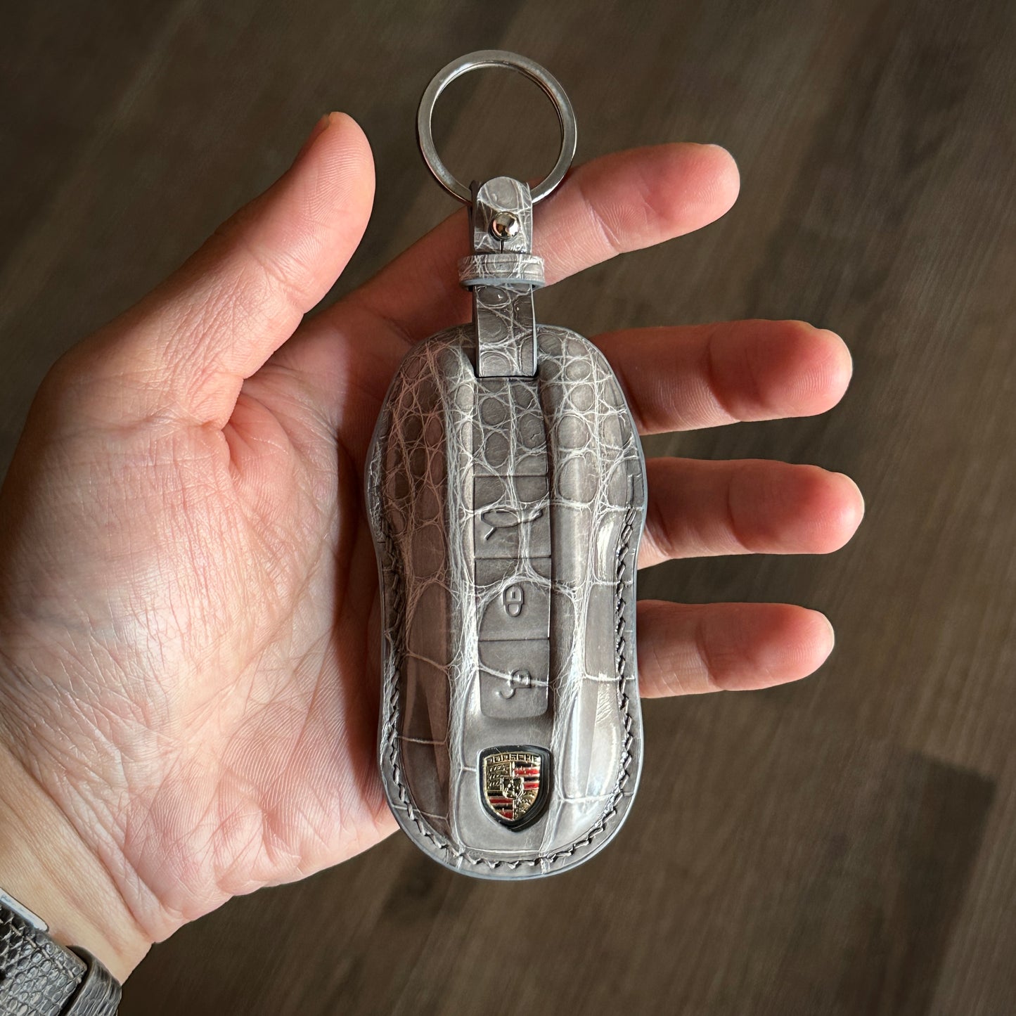 Exotic Grey Crocodile Leather Key Case for Porsche