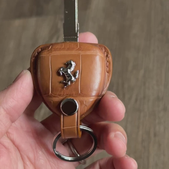 Handmade Brown Crocodile Leather Key Fob Protector for Ferrari